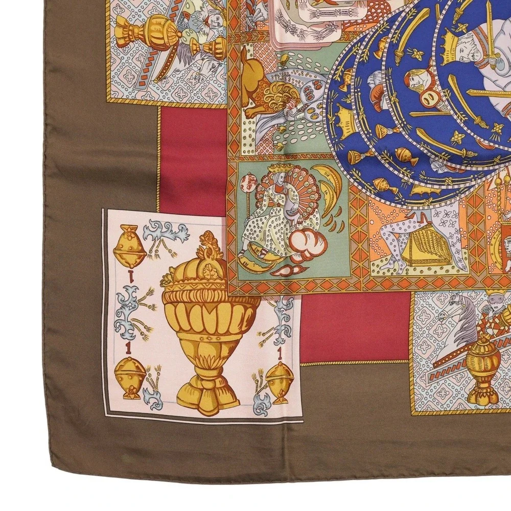 Hermès‎ Le Tarot 90cm Silk Scarf Annie Faivre Brown Gold Vintage Carre w/ Box